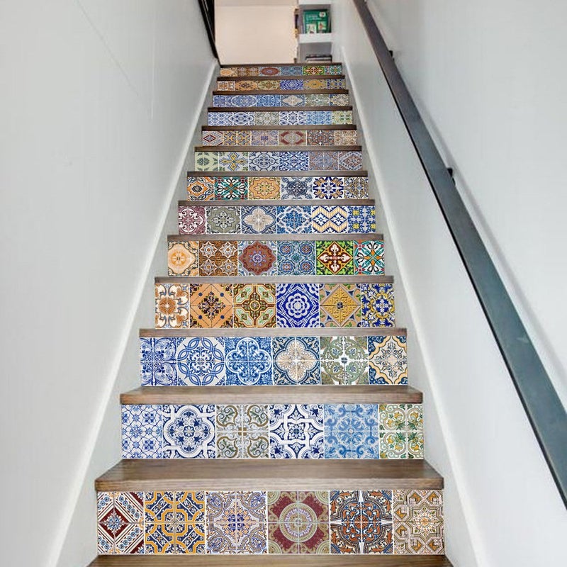 TUOKING 13 Strips Stair Stickers, PVC Home Decor Decals, Self-Adhesive Refurbished Staircase Murals, 39''L x 7''W, Tiles Pattern (Ceramic Tiles Pattern) - Image 3